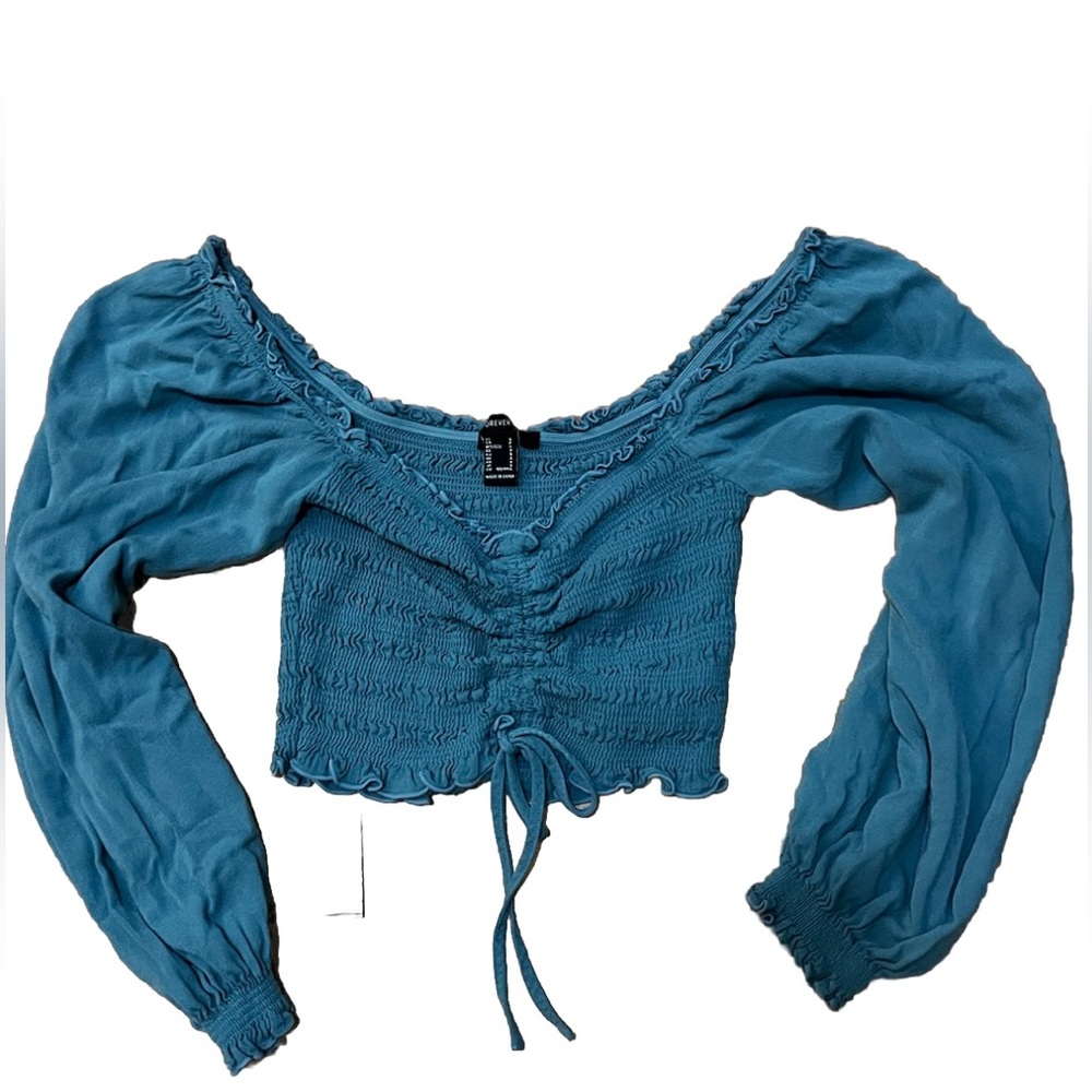 Forever 21 Off Shoulder Crop Ruched Long Sleeve Top Blue Sm - Picture 4 of 5